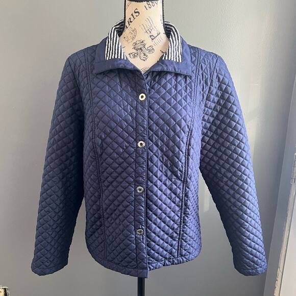 Chico’s dark blue/silver/white quilted snap button collared jacket with pockets - Picture 1 of 16
